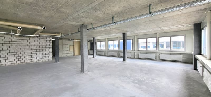 open room with pillars, concrete floor, concrete ceiling, white wall, big windows