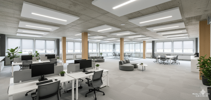Modern open office layout with desks, chairs, monitors, potted plants, ceiling lights, glass walls, and meeting tables.