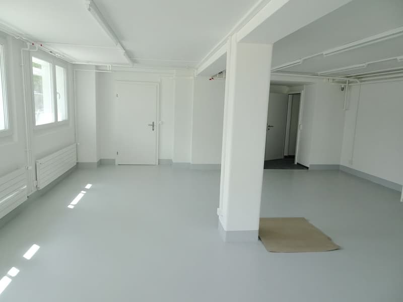 white walls, white floor, small rug, heater, white doors, ceiling lights