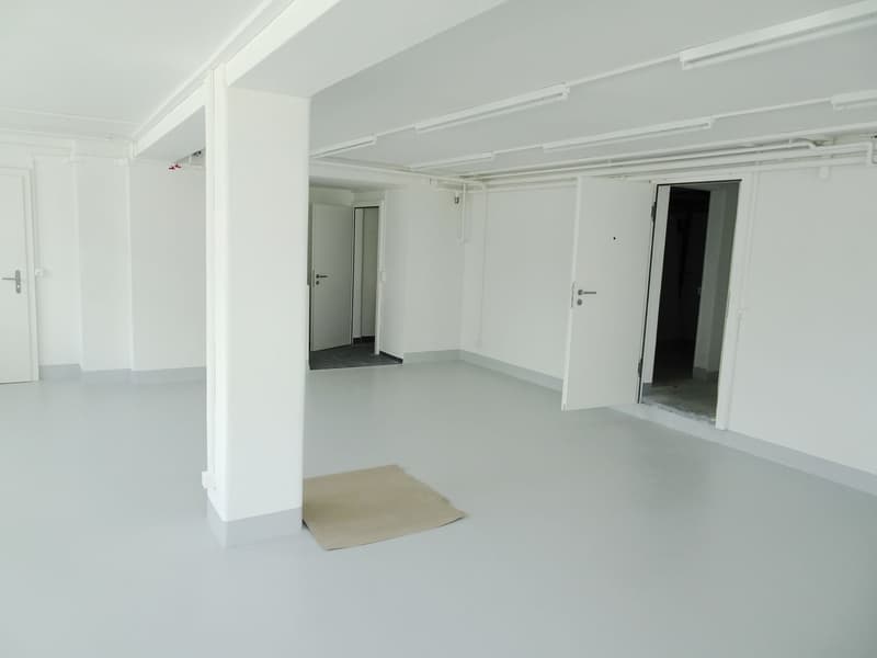 Empty room with white walls, gray floor, ceiling lights, 2 doors, and 1 small mat on the floor