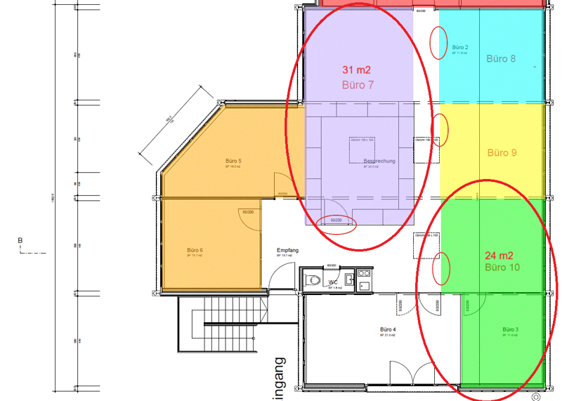 Layout of a building with 10 rooms named Büro 2 to Büro 10, different floor sizes