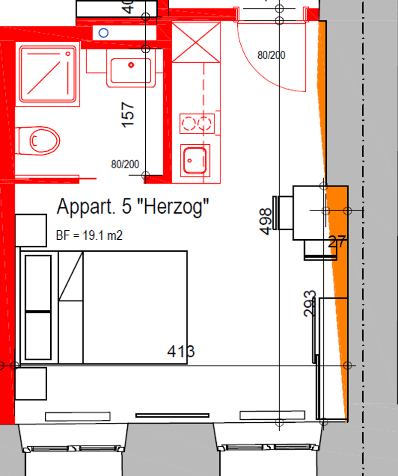 Living area, bedroom, bathroom, toilet, kitchen, hallway
