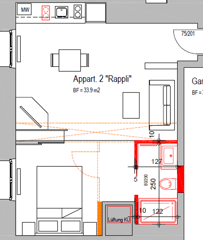 One bedroom, living room, kitchen, bathroom, terrace