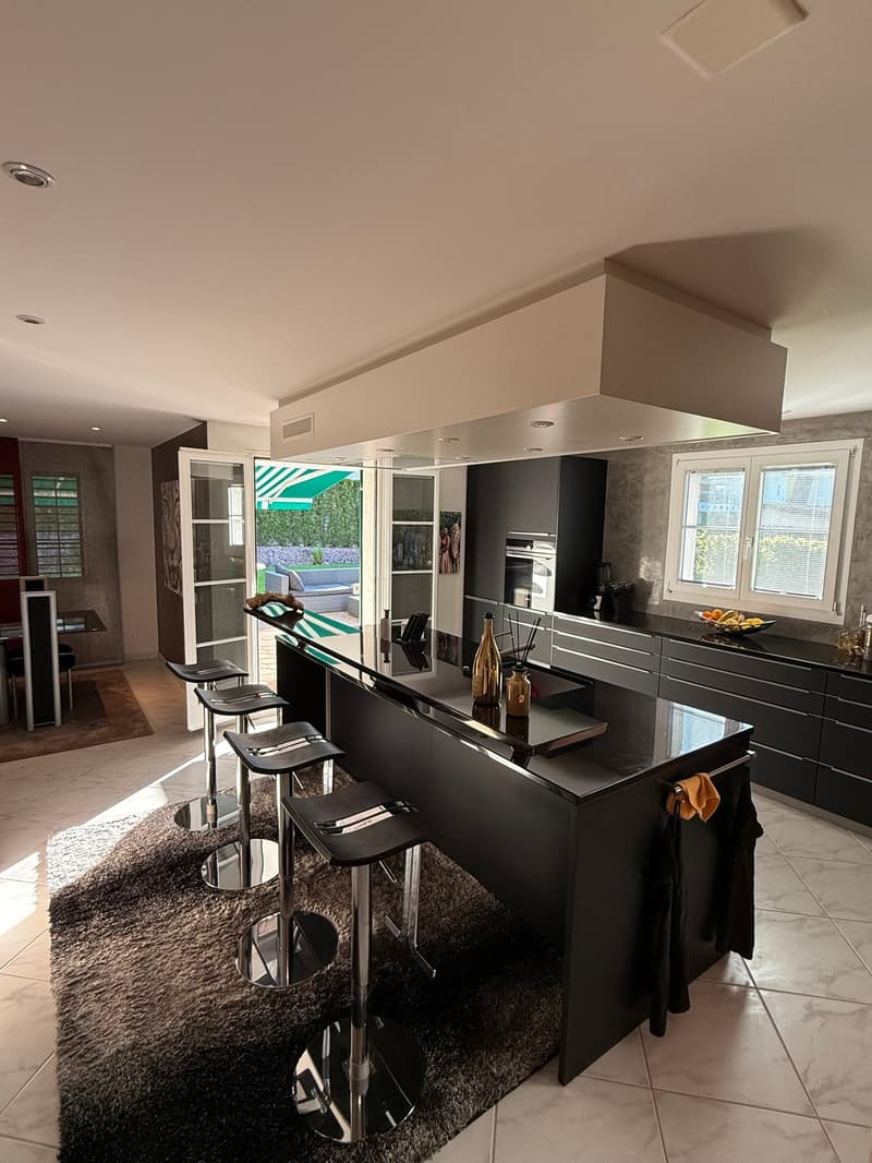 Modern kitchen with black cabinets, stainless steel appliances, kitchen island with bar stools, and large windows overlooking the outdoor area.
