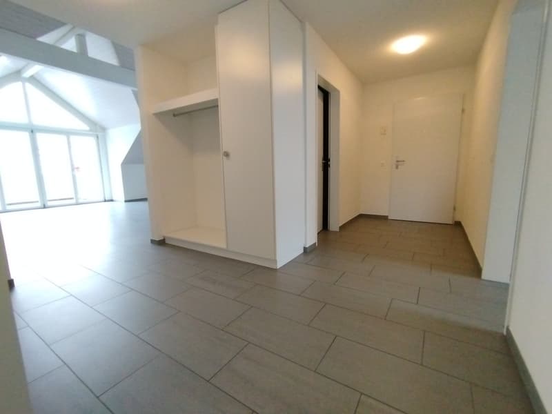 empty room, gray tiles, closet, glass windows, sliding door, ceiling lights