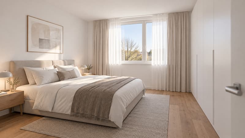 Helles Schlafzimmer mit warmem Eichenparkett