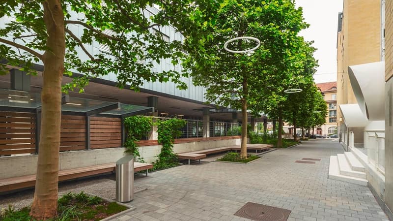 The image shows an outdoor seating area with benches and trees. The area appears to be part of a commercial or public space, with a paved walkway and buildings visible in the background. There is a parking area or space visible, indicating the presence of