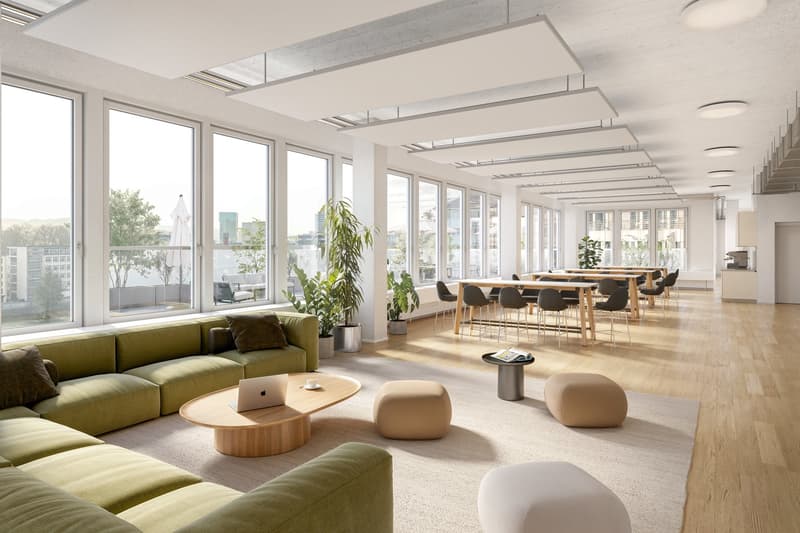 large windows, green sofa, coffee table, tables and chairs, large windows overlooking the city