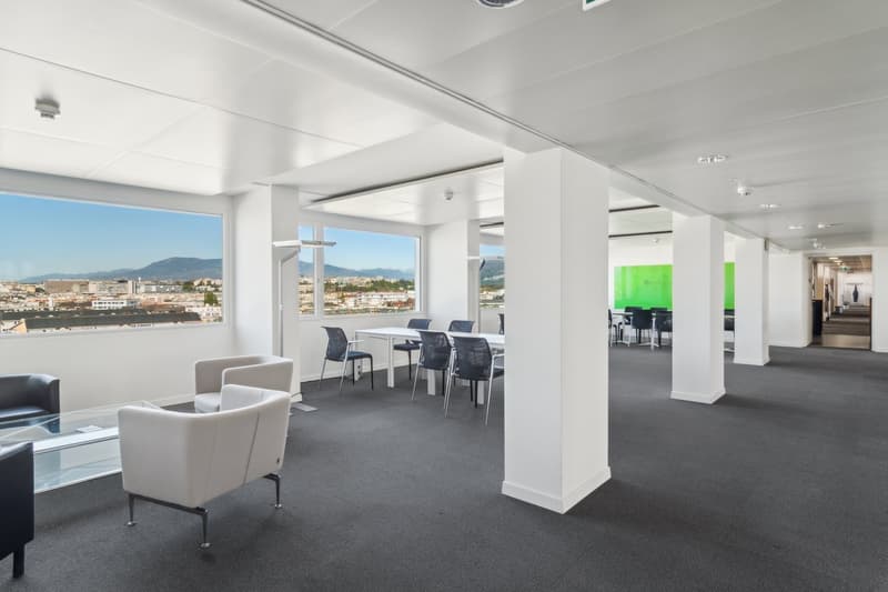 modern office room, white walls, gray carpet, large windows, glass table, white chairs, white pillars, tables and chairs in the distance