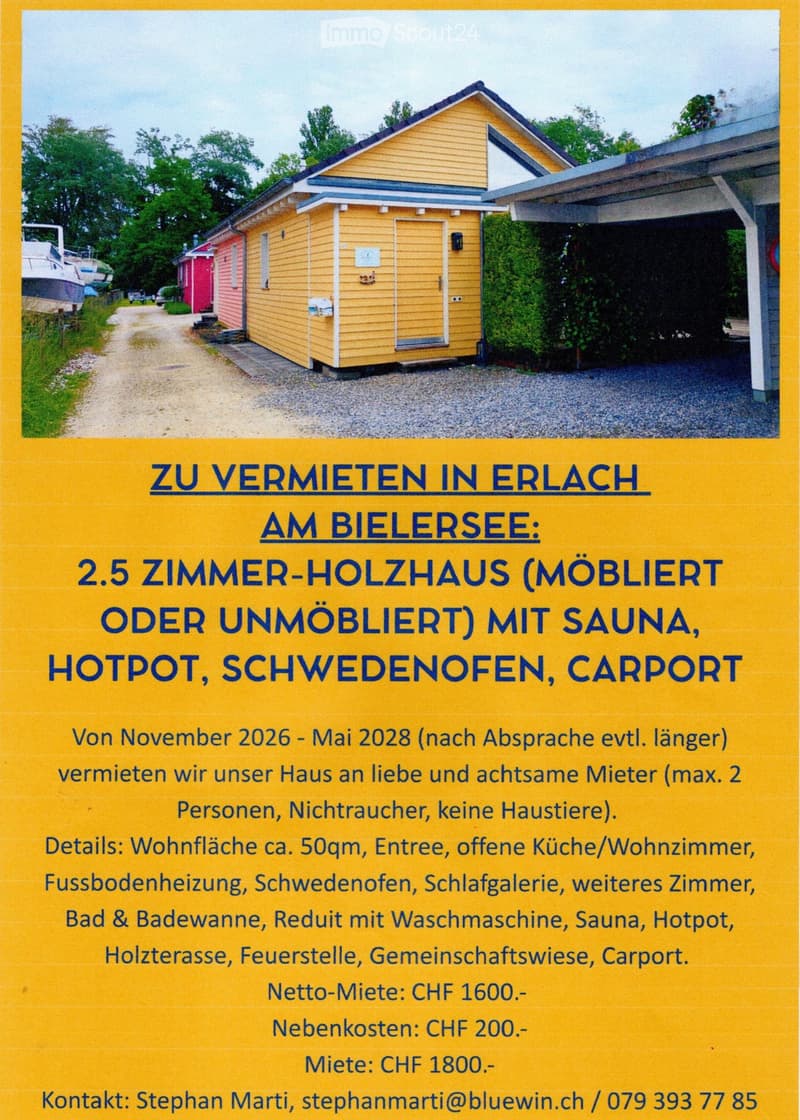 À louer : maison en bois de 2,5 pièces à Erlach sur le lac de Bienne (1)