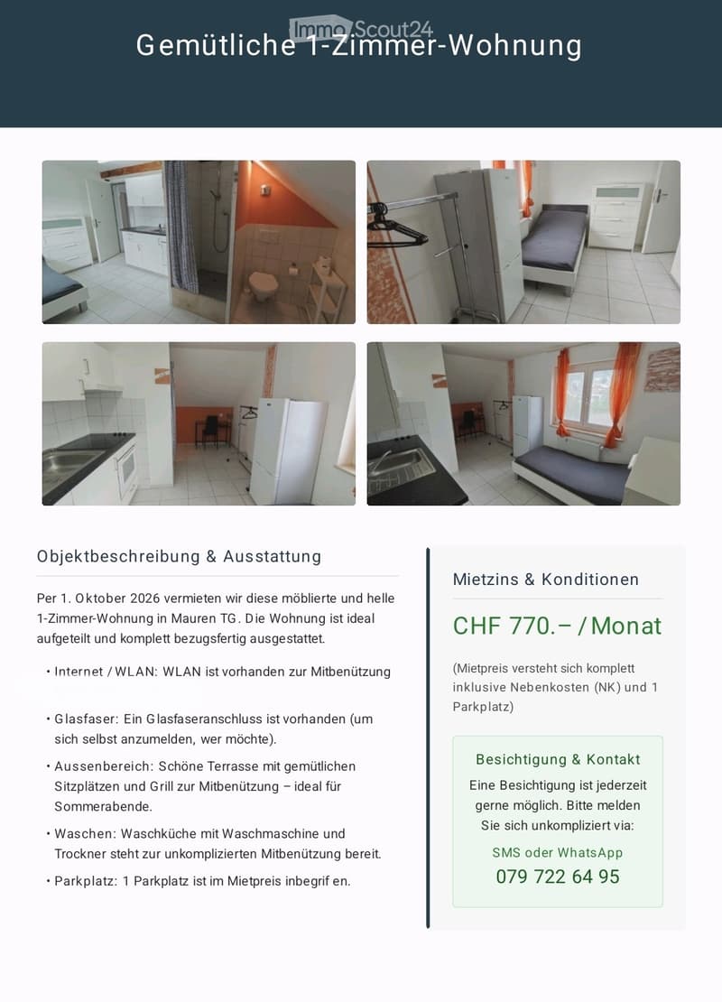 Ab 1,10 , 26 FREI Möblierte 1 Zimmer Wohnung in Mauren (1)