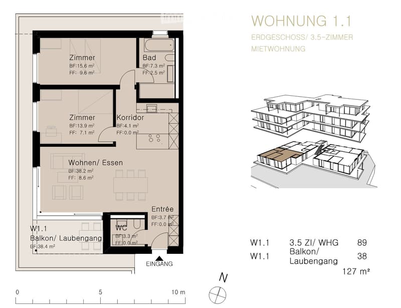 3.5 Zimmerwohnung im Ergeschoss, drei Seiten im Grünbereich (3)