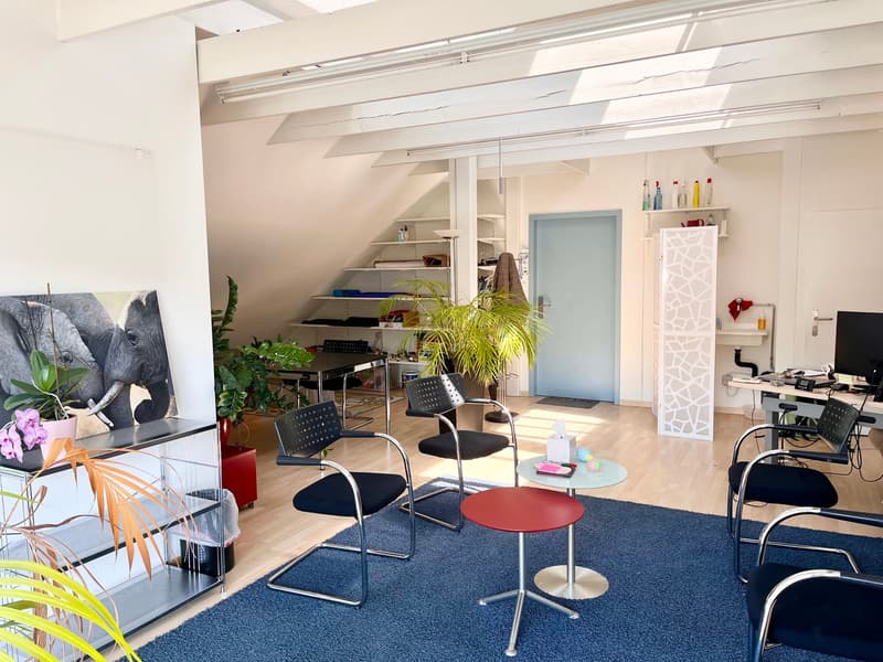 Open concept office space with high ceilings, exposed beams, and large windows. The space includes desks, chairs, shelving, and various decor items such as plants and artwork. There is also a small seating area with chairs and a table.