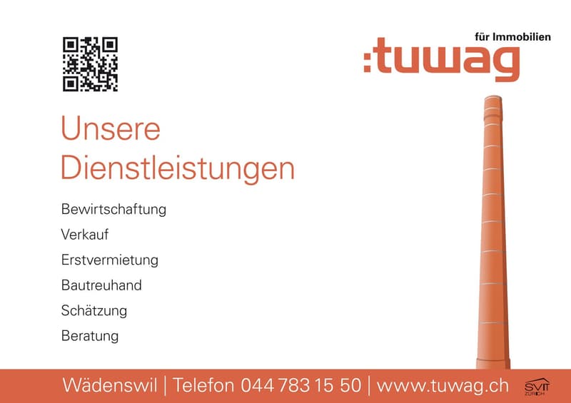 The image shows an advertisement for a real estate company called 'tuwag' located in Wadenswil, Switzerland. The advertisement lists the company's services, which include property management, sales, first-time rentals, construction supervision, property v
