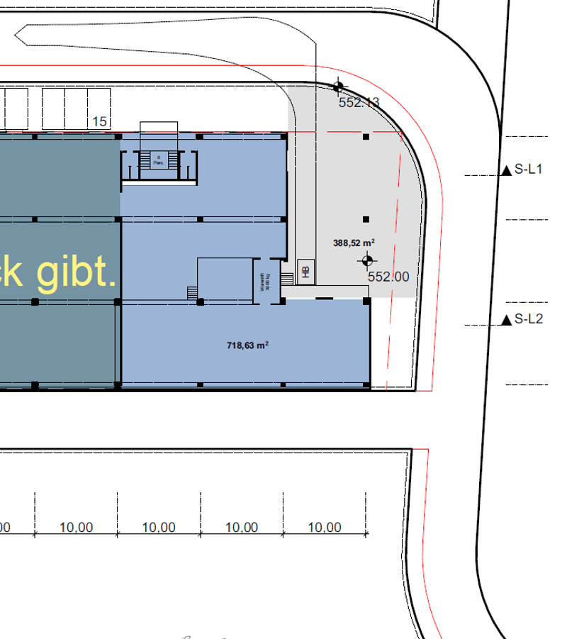 Floor plan indicating various measurements and locations, with two large rooms and a stairwell indicated.
