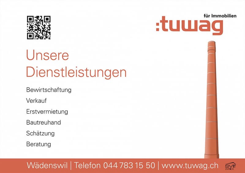 Advertising brochure for real estate services, including management, sales, rental, construction management, appraisal, and consulting, featuring a QR code for further information.