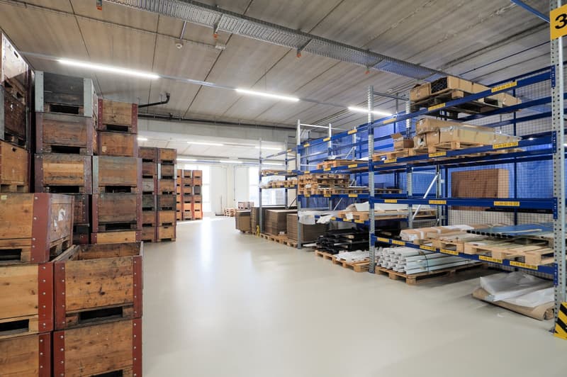 Spacious warehouse with multiple rows of wooden crates and blue steel shelving units filled with various goods, high ceiling with lighting, concrete floor, yellow labels, room dividers