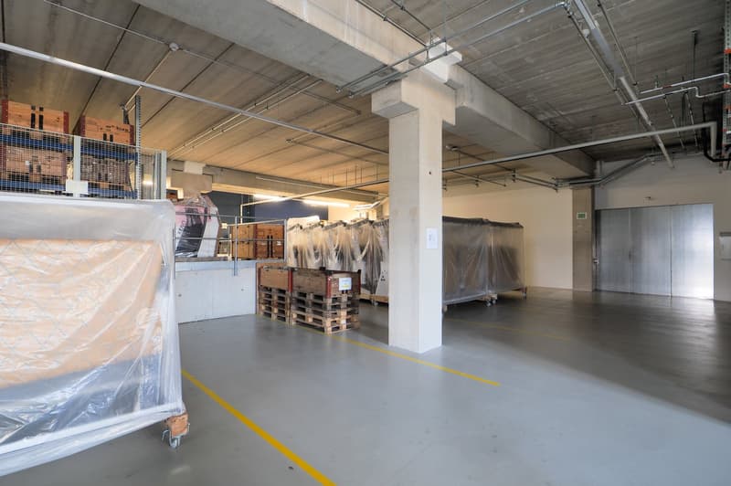 industrial warehouse with metal column, yellow floor marking, wooden pallets, metal cages, warehouse shelves
