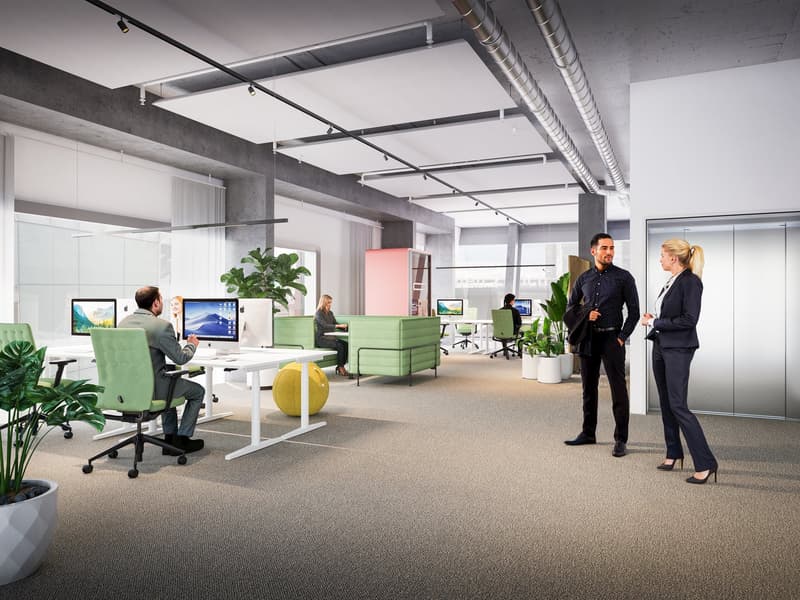Modern office with open floor plan, green workspaces, office desks, plants, a yellow ball, and large windows