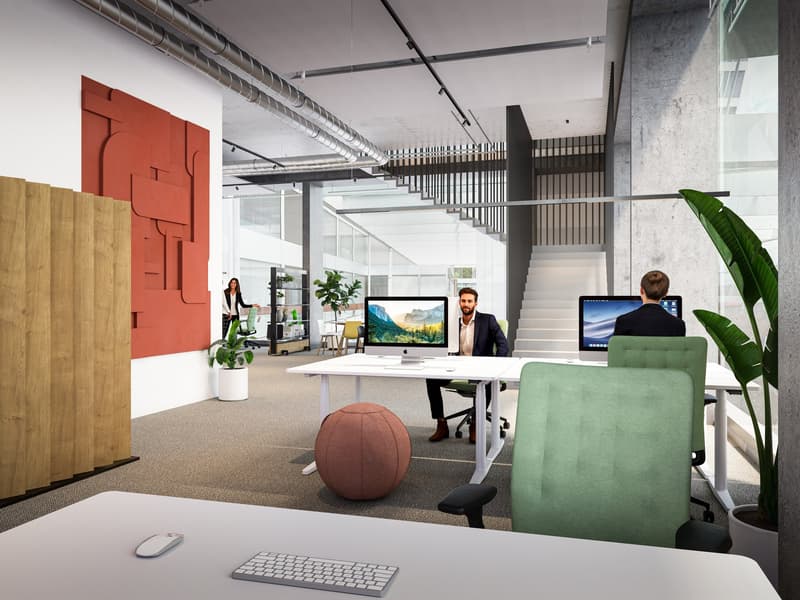 modern office layout with desks, large windows, staircase, wooden partition, office plants, and chairs