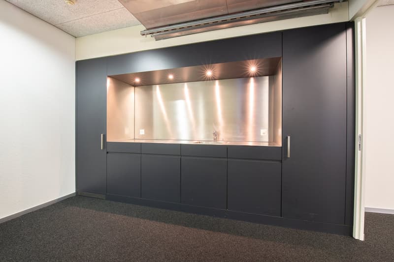 a room with a stainless steel wall, a sink, and a black cabinet
