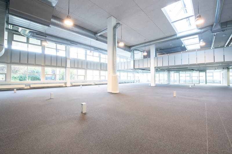 Wide open space, large windows, hanging lamps, central column, balcony with railings, metal ducts on ceiling