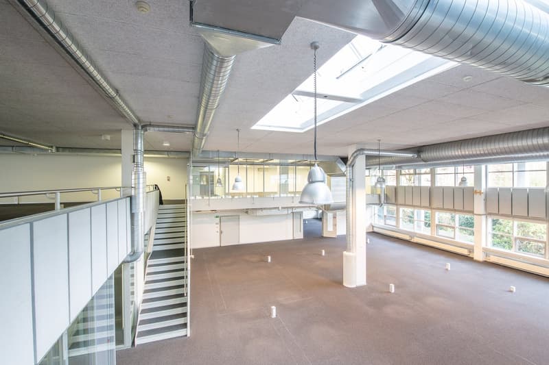large open space, ceiling lamps, glass walls, stairs, large windows