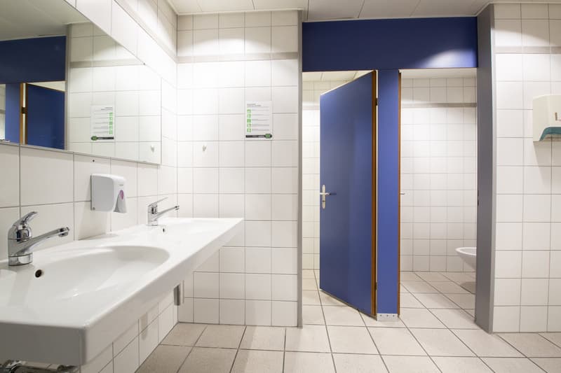 Double sink, mirror, blue door, tiled walls and floor, open toilet area