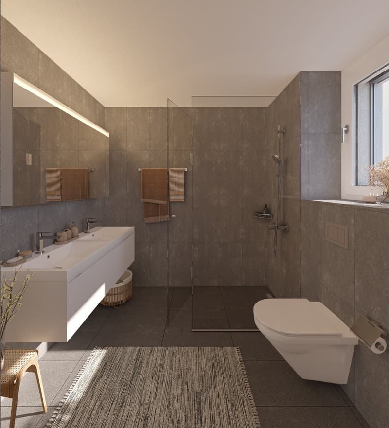 white modern bathroom with large shower and double sink, grey tiled floor and walls