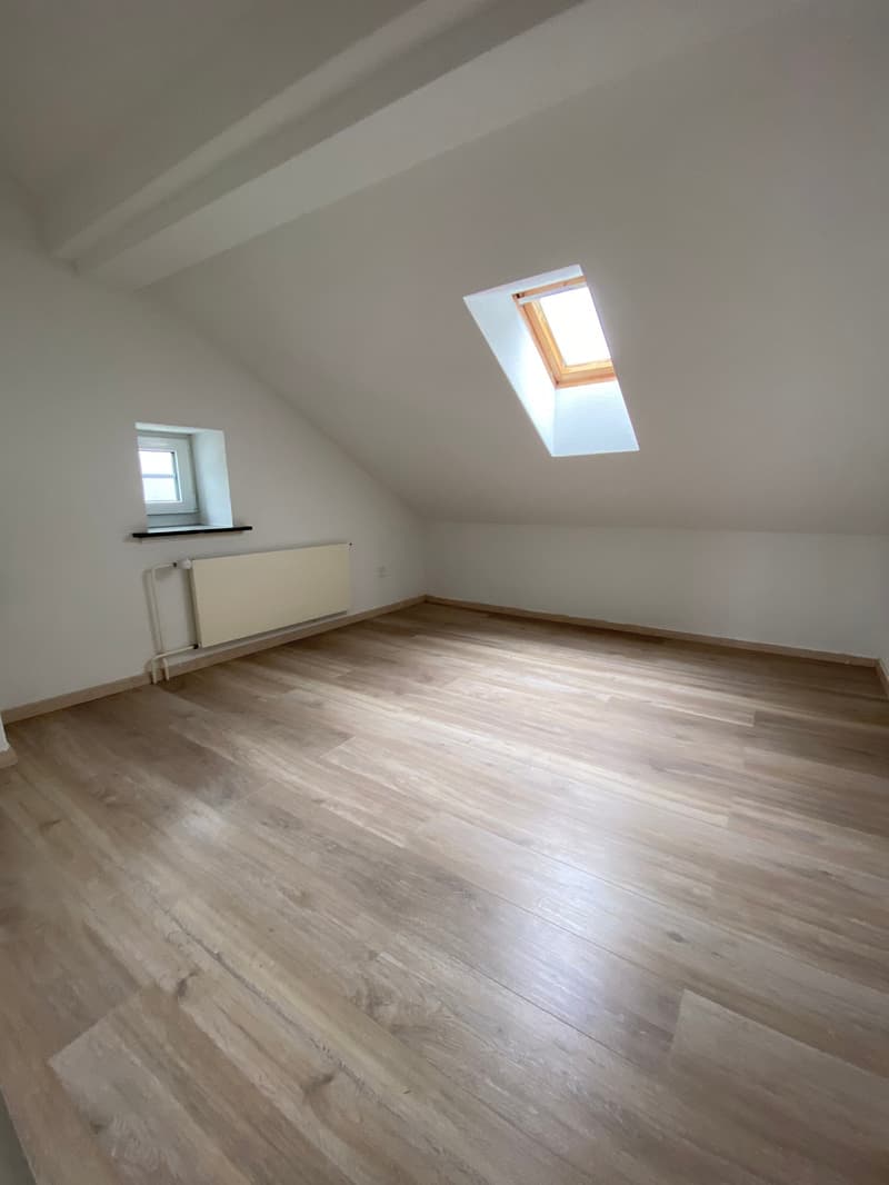 Spacious attic bedroom with hardwood flooring, white walls, and a large skylight window providing natural light