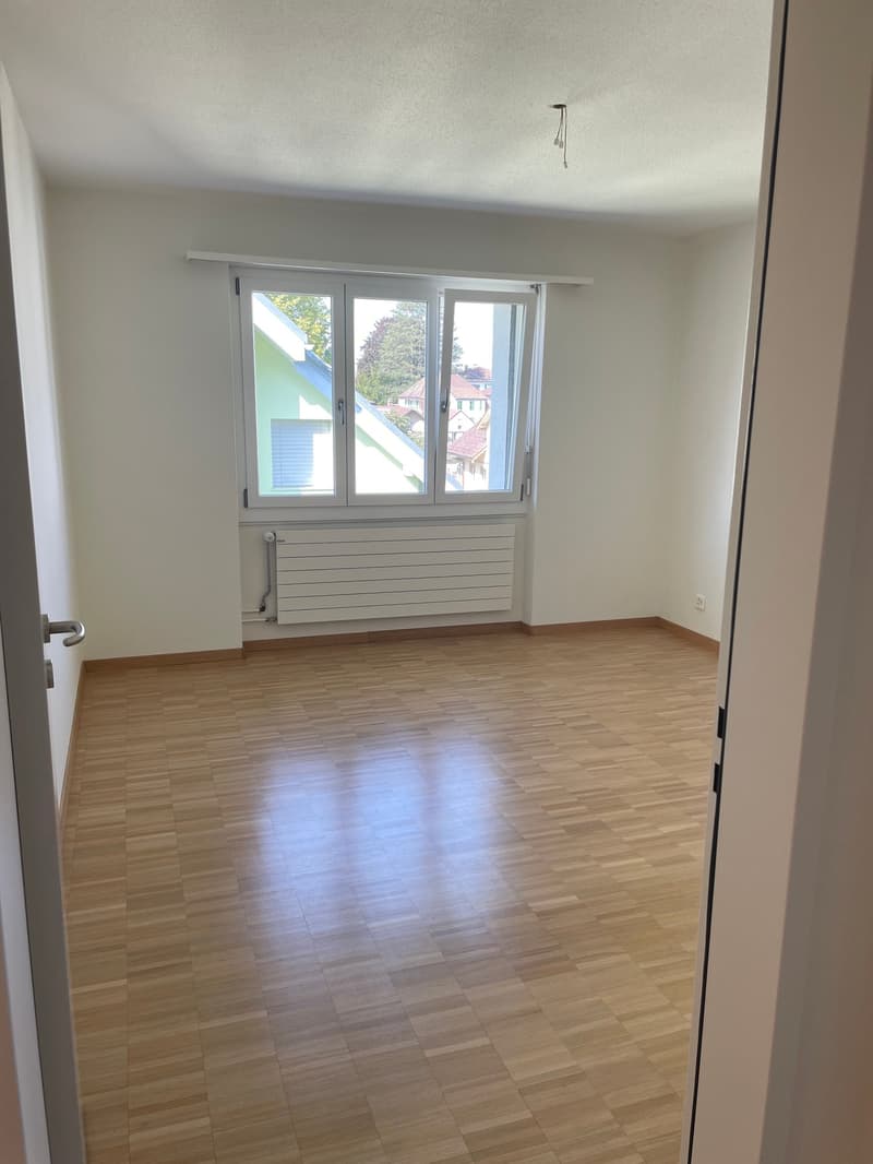 empty room, wooden floor, white walls, large window, radiator