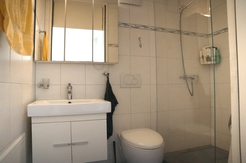 Bathroom with white vanity, toilet, and glass-enclosed shower area. The room has tiled walls and floors.