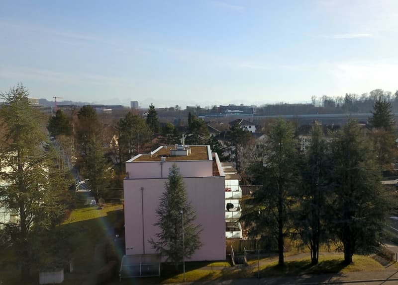 white building, trees, open green grass area, clear blue sky