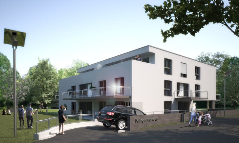Modern white house, 3 floors, balconies, car parked in front, people walking around