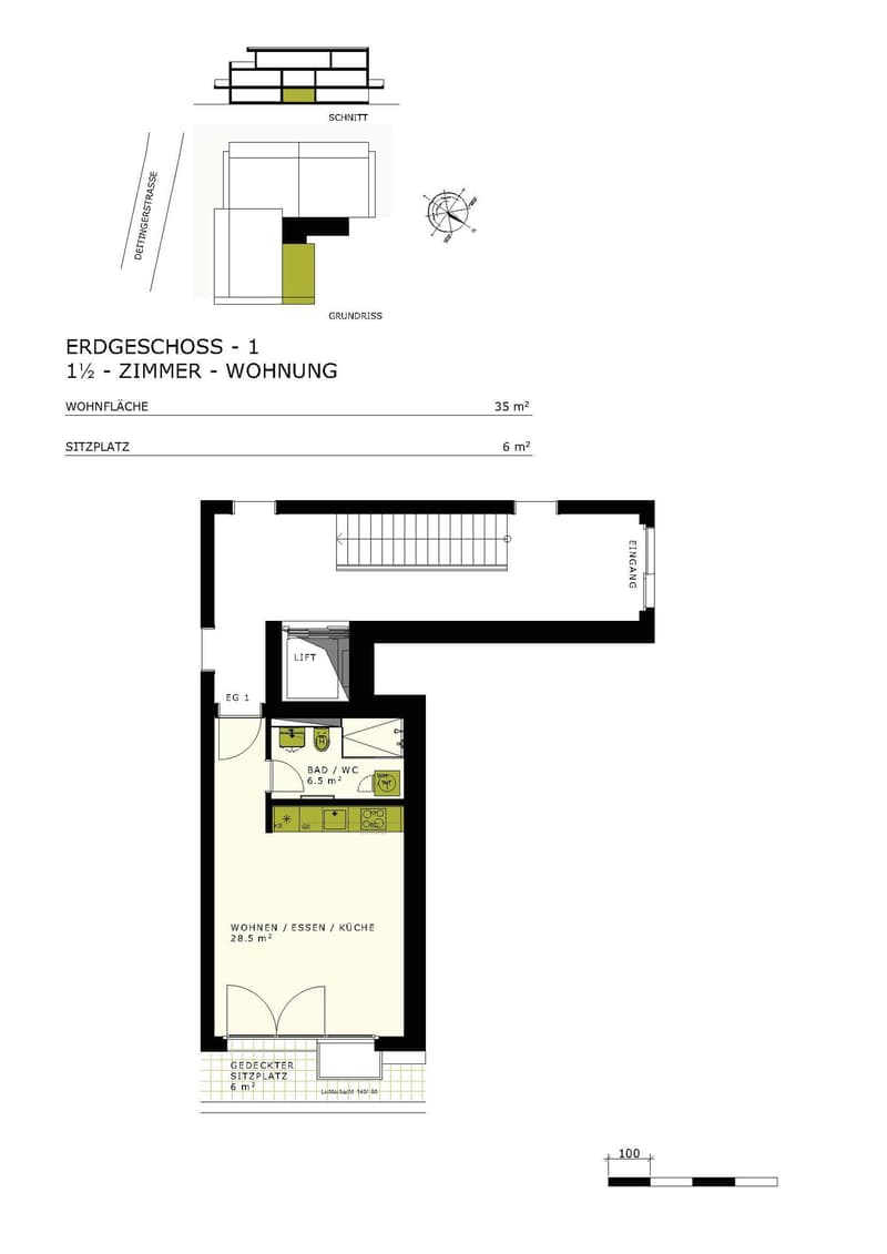 Ground floor plan with living/dining room, kitchen, bathroom, and a covered seating area.