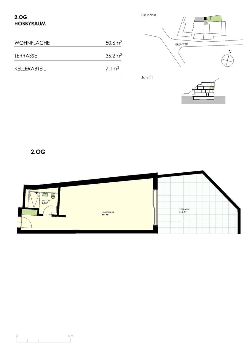 The floor plan shows a 2.OG Hobbyraum (hobby room) with an area of 45.6 m², a terrace of 36.2 m², and a Kellerabteil (cellar compartment) of 7.1 m².