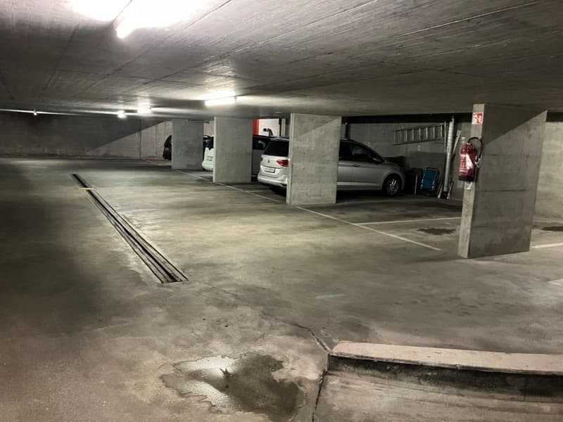 Underground parking garage with concrete walls and floor, several parked cars visible