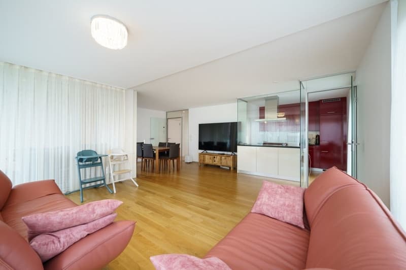 living room with wooden floor, two pink couches, dining table, TV, kitchen with glass wall, red cabinets