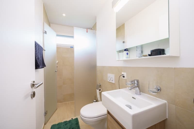 modern bathroom with white tiles, white sink, white toilet, glass shower enclosure, mirror, power outlet, towel rack