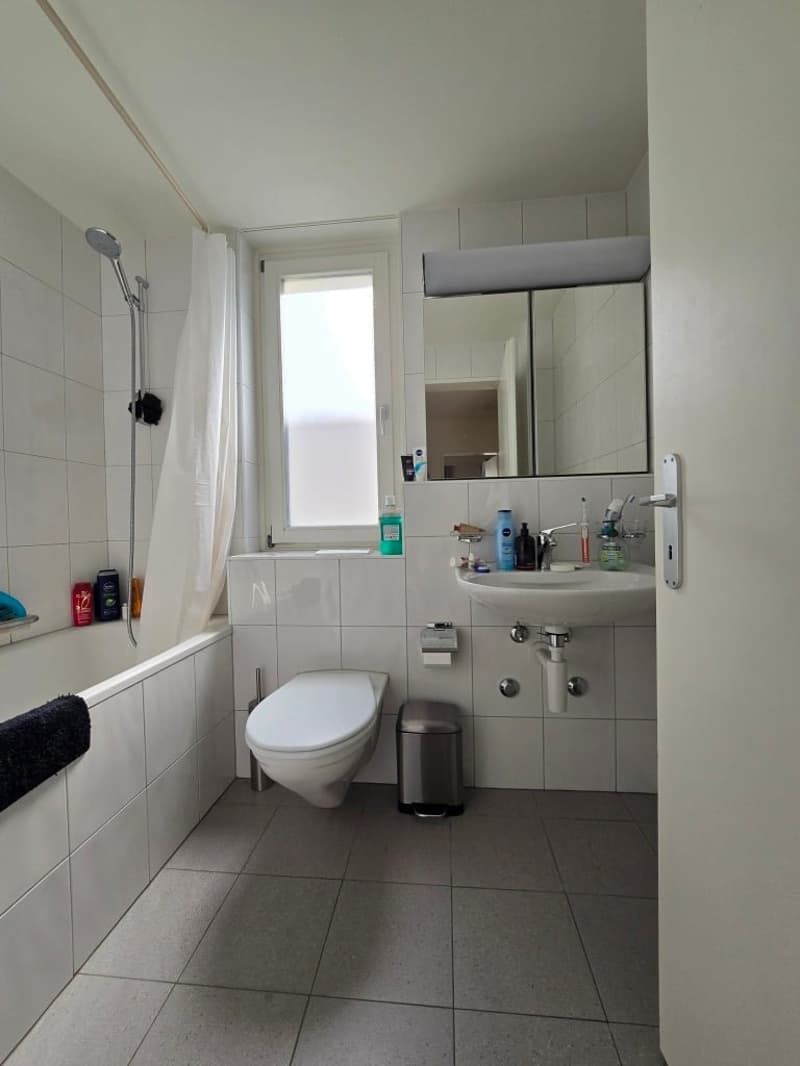 Bathroom with white tiles, bathtub, toilet, sink, mirror, and shower head