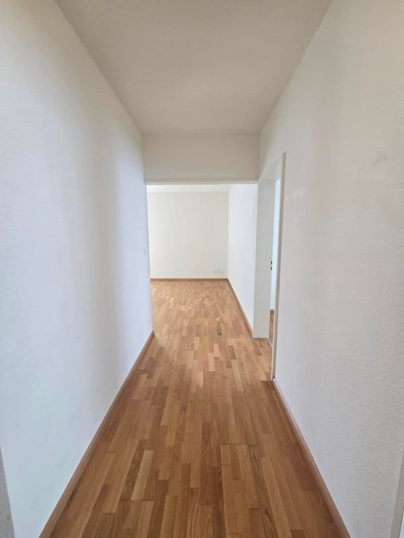 Empty hallway with wooden floor and white walls