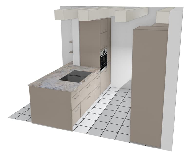 kitchen with island, granite countertop, induction cooktop, oven, cabinets, drawers