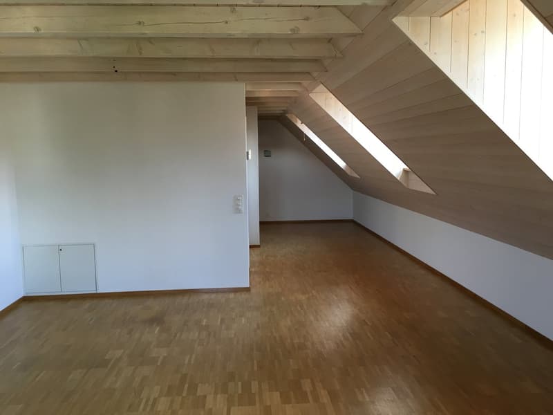 empty room, wooden floor, white walls, wooden ceiling, windows