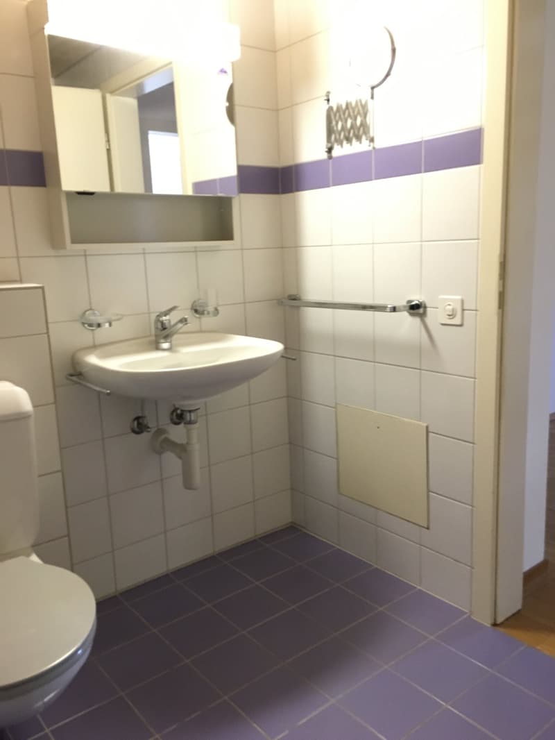 Bathroom with white tiles, purple floor tiles, white sink, mirror, toilet, towel rack
