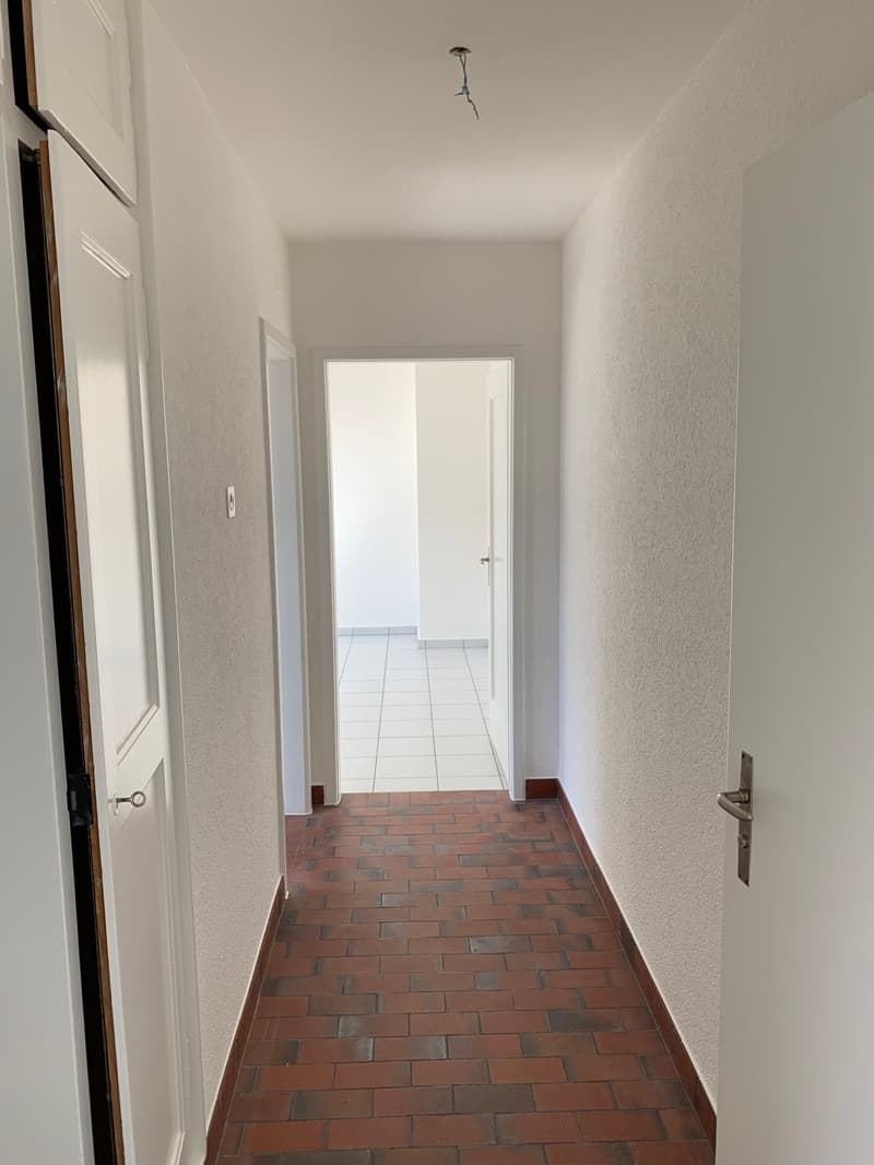 Empty hallway with white walls, red brick floor, white ceiling, two doors on the left, one door on the right