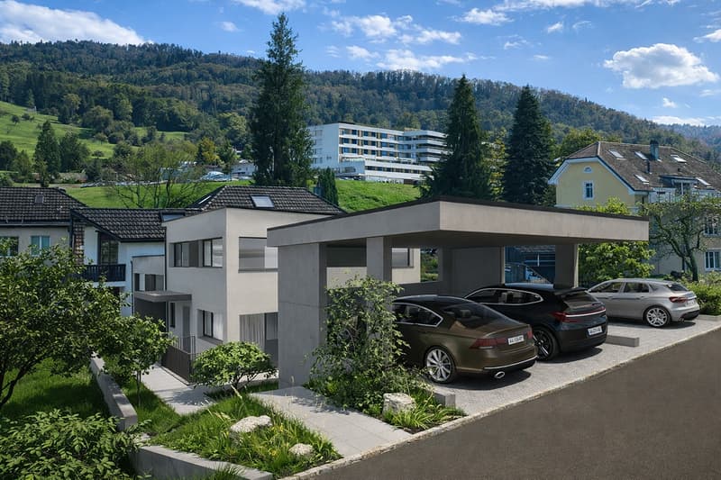 modern house, carport with 4 parking places, gray and white walls, modern architecture