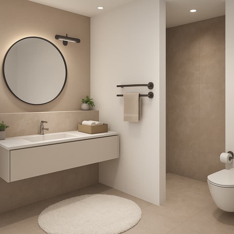 Bathroom: round mirror, single sink, round rug, hanging towel rack, large toilet, wall mounted lights.