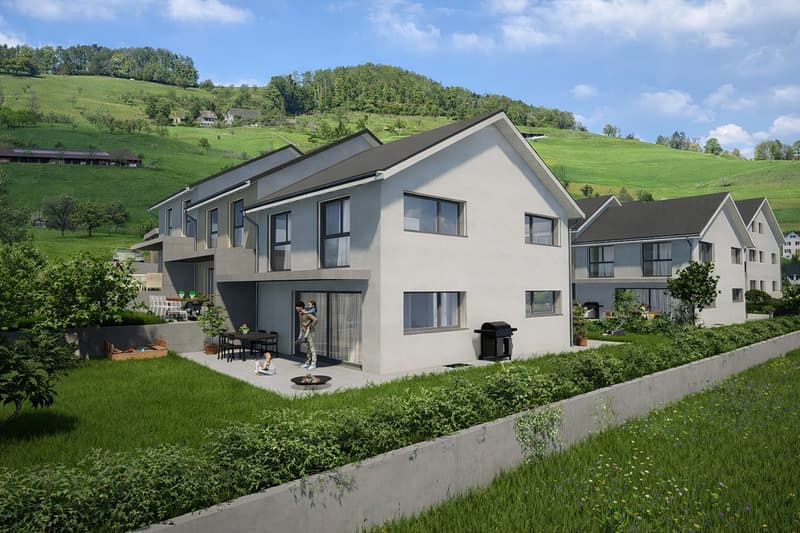 2-story house, beige exterior, gray roofing, outdoor seating, garden, barbecue grill, expansive hilly landscape