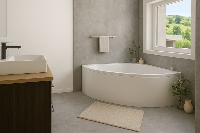 Bathroom with bathtub, sink, cabinet, and plants