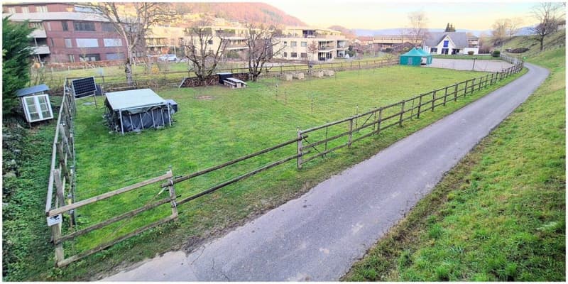 Die dazugehörige Weide mit der Parzellen-Nr. 138 ist auf ca. 2239m2 Landwirtschaftsland. Ein Teil davon ist ein Allwetterplatz mit befestigtem Boden und Rundkiesbelag.